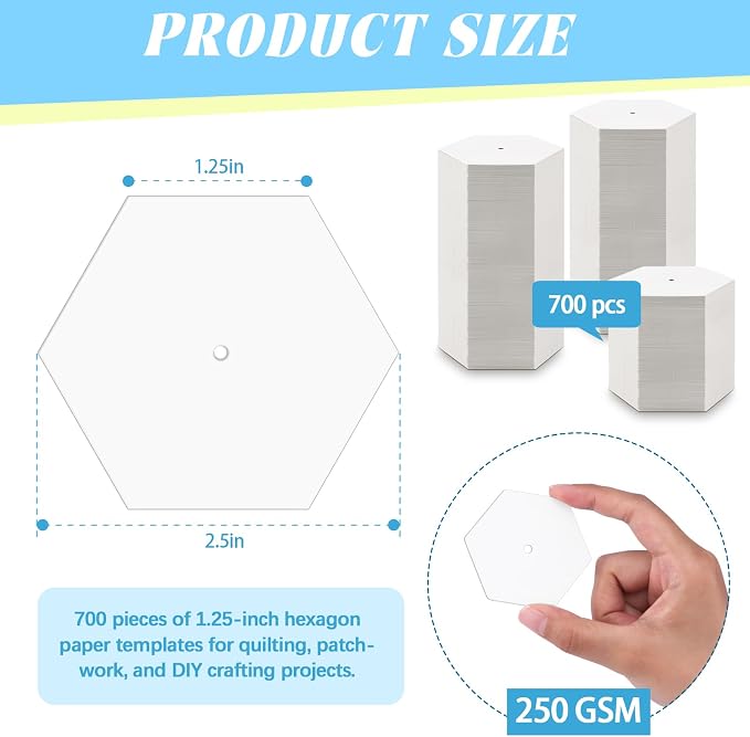 Neworkg 700 PCS Hexagon Piecing Paper Templates, 1.25" White Paper templates - Image 2