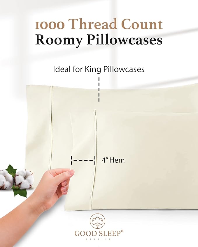 1000 TC Ivory King Pillowcases Set of 2 100% Egyptian Cotton Pillow Cases - Image 3