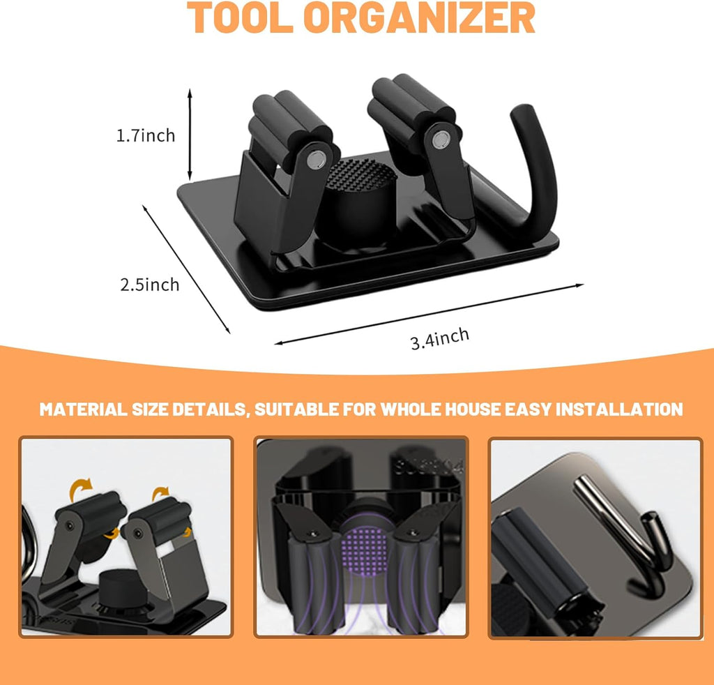 3 Pack Broom Holder Wall Mount,Stainless Steel Broom Holder with Hooks Screw, No Drill Self Adhesive Hanger Tool Rack Organizer for Closet Garage Laundry Room Kitchen Decor (Black) (3)