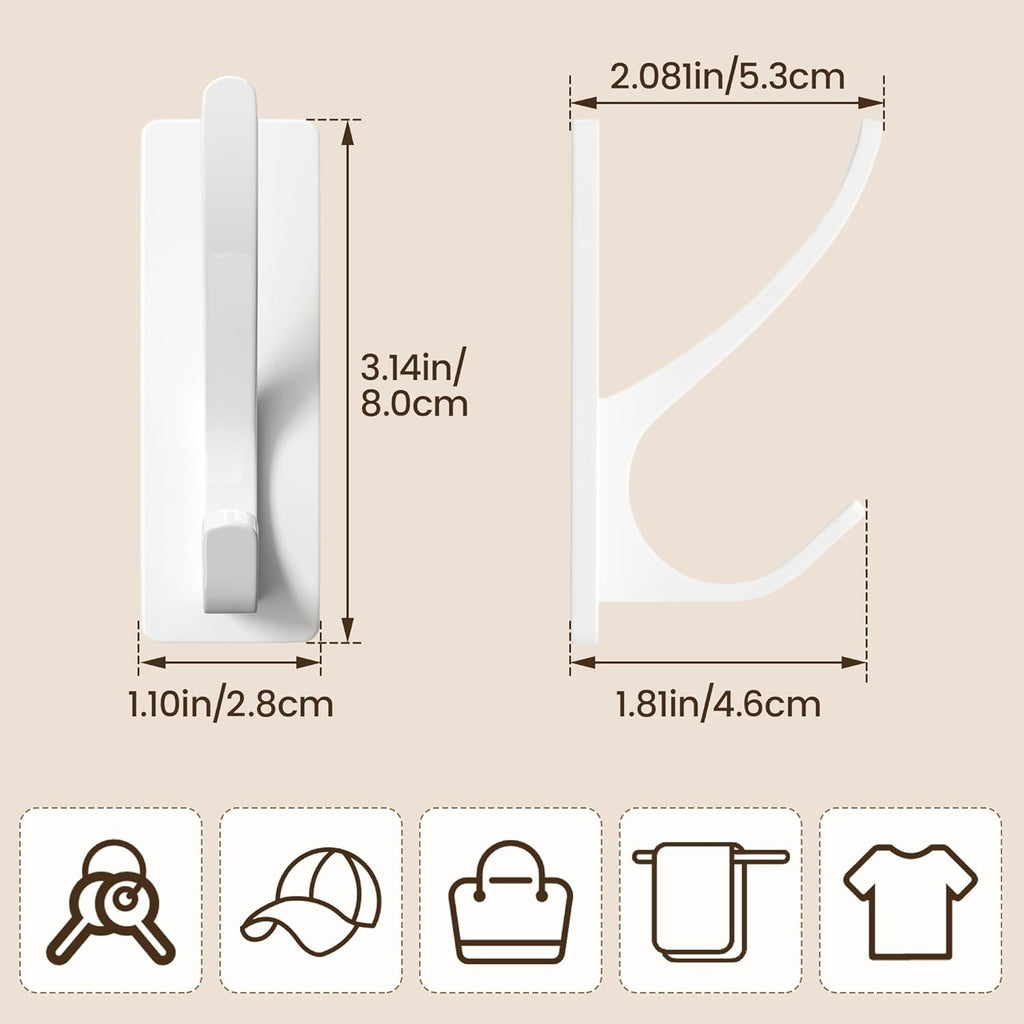 White Self Adhesive Coat Hooks for Hanging, Heavy Duty Stainless Double Wall Hook for Towel, Backpack, Hat, Sturdy Metal Hanger for Bathroom, Bedroom, Door, Wall Mounted, 4-Pack