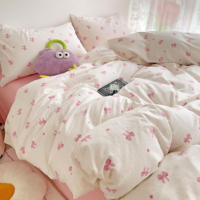 Nayoroom Pink Bow Duvet Cover Twin Size Heart Bows Printed Coquette Bedding Set - Image 5