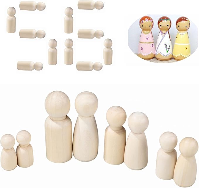 56 PCS Unfinished Natural Wooden Peg Dolls, Little Wooden peg People by QDXATIVP