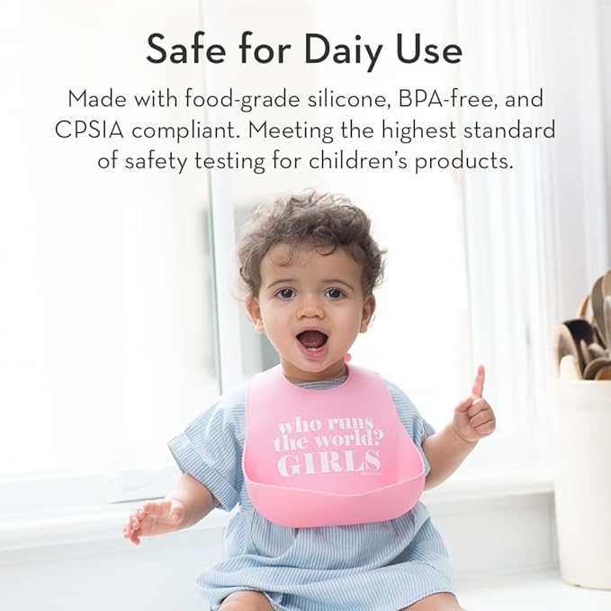 Baby Bib for Eating by Bella Tunno, Waterproof Silicone Bib with Large Food Catcher, Adjustable Fit for Babies 4-12 months & Toddlers 1-3 Years, Boys & Girls, Who Runs The World