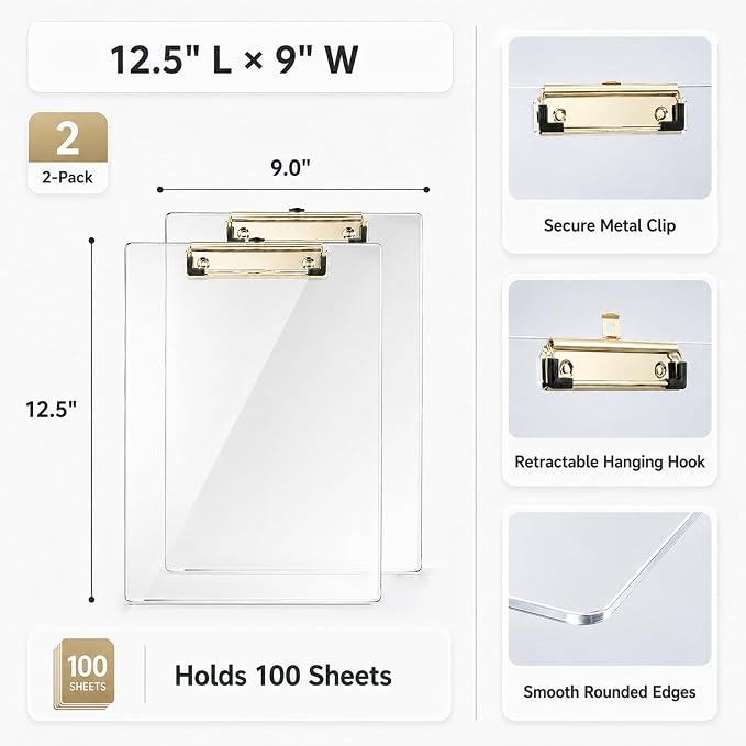 2 Pack Clear Acrylic Clipboard, 12.5 x 9 in | 2mm hard acrylic, not PP/PS; - Image 3