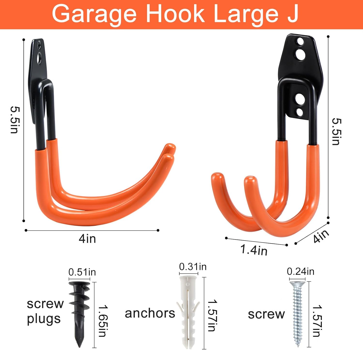 AOBEN Garage Hooks Heavy Duty, Steel Garage Storage Hooks, Utility Tool Hangers and Combinable Wall Mount for Organizing Ladders, Bikes, Hoses, and More Equipment (Large J, 4 Pack)