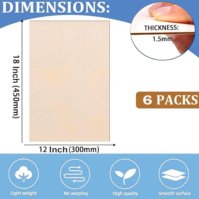 Cassny Unfinished Wood Pieces, 6 Pack Basswood Sheets18 x12 x 1/16, Basswood - Image 2