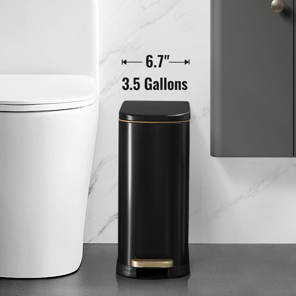Bathroom Trash Can with Soft-Close Lid 3.5 Gallon Stainless Steel Garbage Can with Removable Inner Bucket Slim Trash Bins for Bedroom, Office (Matte Black)