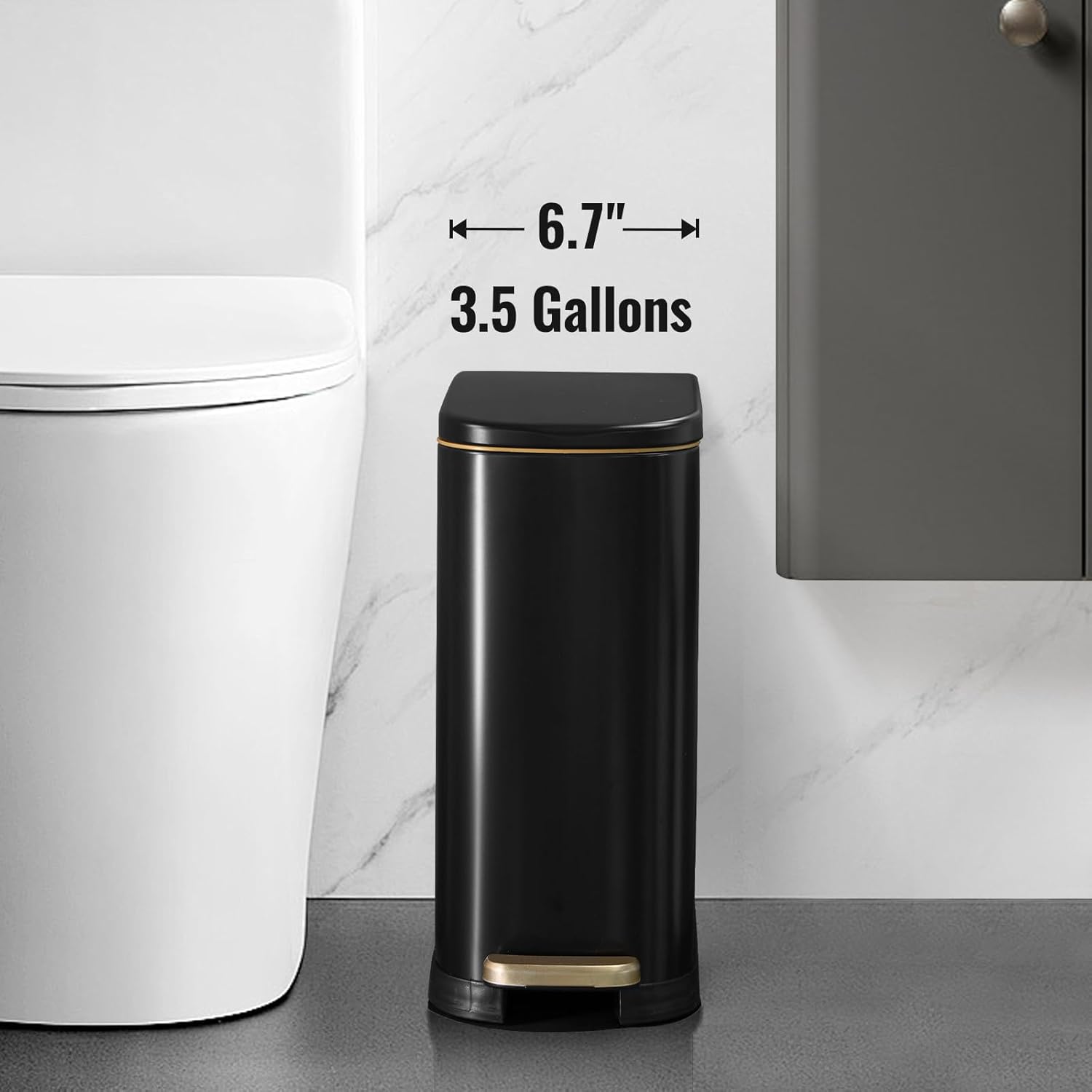 Bathroom Trash Can with Soft-Close Lid 3.5 Gallon Stainless Steel Garbage Can with Removable Inner Bucket Slim Trash Bins for Bedroom, Office (Matte Black)