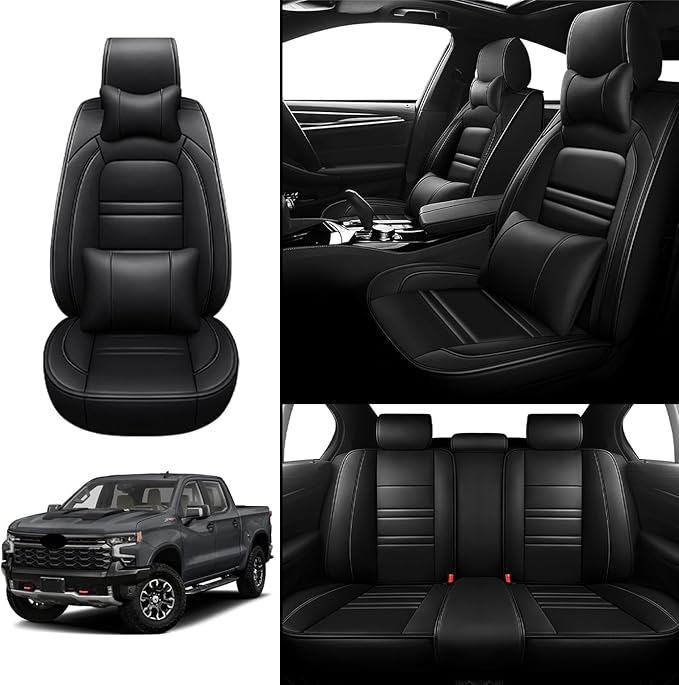 Car Seat Covers for Chevy Silverado 1500 2007-2025 | 5-Seats Seat Covers, Waterproof Seat Protectors, Automotive Seat Covers (Full Set with Pillow,Black)