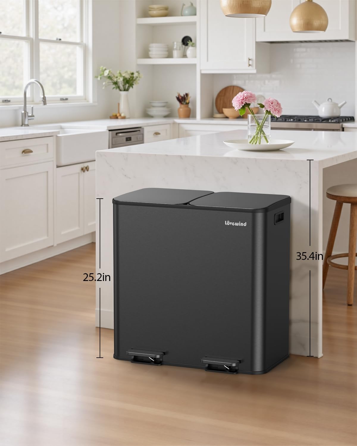 Lovewind Trash Can, 2 x 10.5 Gallon (2 x 40 L) Garbage Can for Kitchen Dual Compartment Recycling Kitchen Step Trash Bin, Stainless Steel Trash and Recycle Bin Combo with Soft-Close Lid, Black