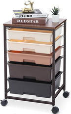 SYKIARIOL Utility Cart with 5 Drawers, Storage Drawer Cart with Wooden Tabletop by SYKIARIOL