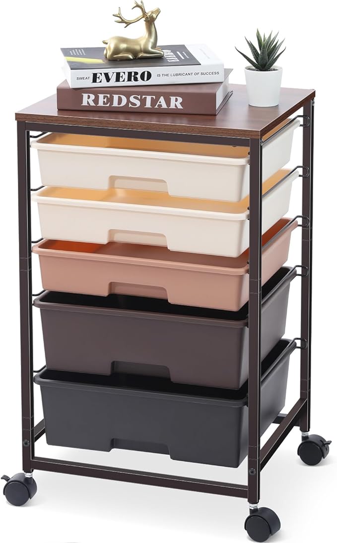 SYKIARIOL Utility Cart with 5 Drawers, Storage Drawer Cart with Wooden Tabletop by SYKIARIOL