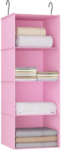 Hanging Closet Organizer, Easy Mount Foldable 4-Shelf Hanging Closet Wardrobe Storage Shelves, Clothes Handbag Shoes Accessories Storage, Washable Oxford Cloth Fabric, Pink