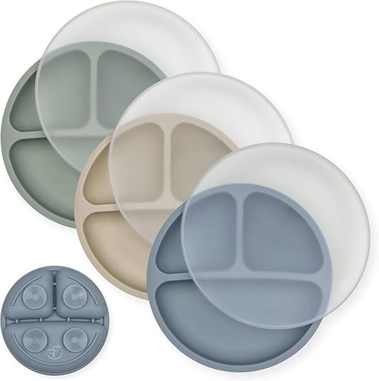 Hippypotamus Toddler Plates with Suction - 100% Food-Grade Silicone Baby Plates with Lids - Microwave & Dishwasher Safe - BPA Free - Set of 3 (Fog/Nude/Sage with LIDS)