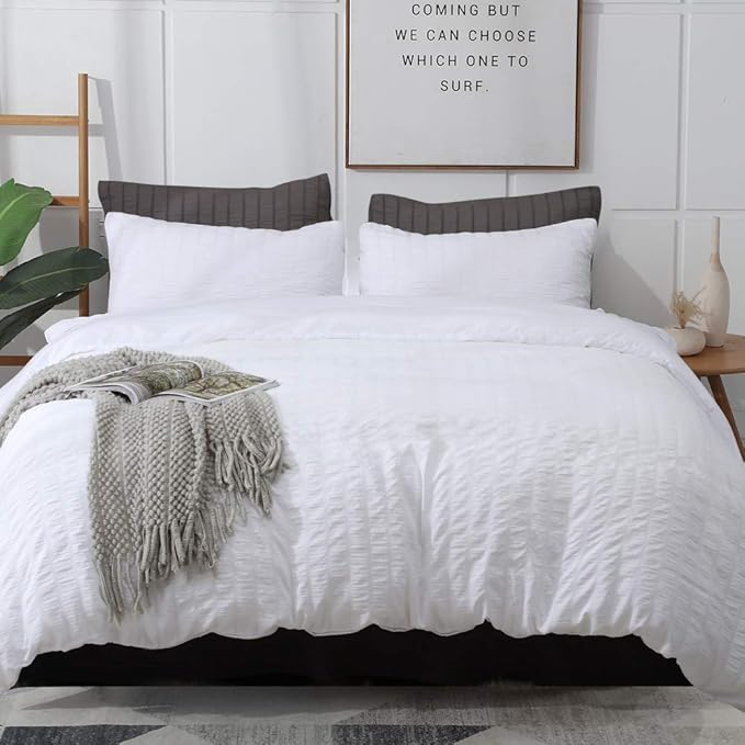 AveLom White Duvet Cover Queen， 3 Pieces Stripe Zipper Closure Corner Ties Soft by AveLom
