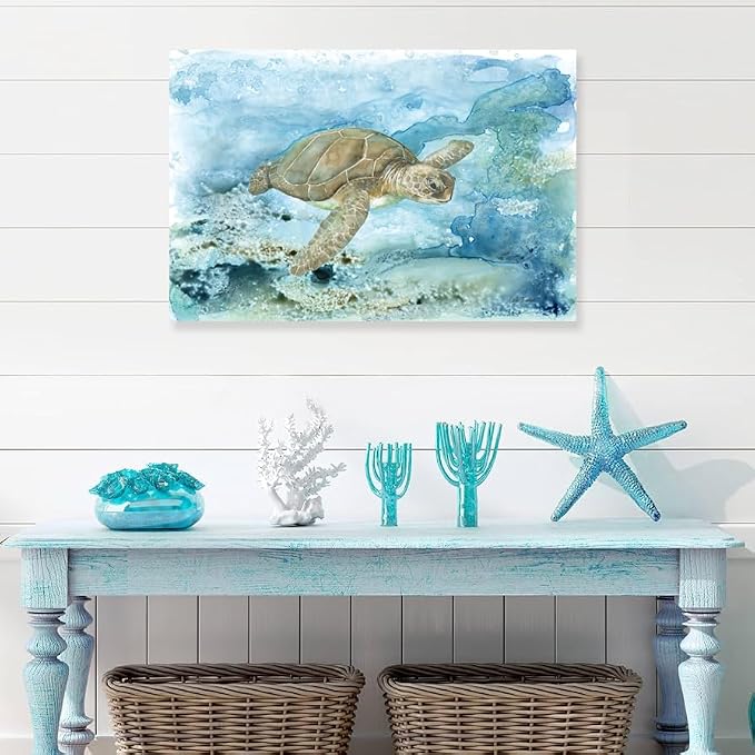 Sea Turtle Bathroom Wall Decor Modern Ocean Theme Nautical Painting Watercolor - Image 3