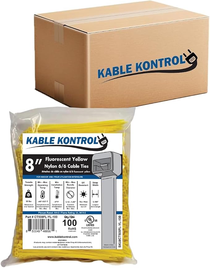 Kable Kontrol Fluorescent Yellow Zip Ties 8 Inch 10, 50 Lbs Tensile Strength by KABLEKONTROL%C2%AE