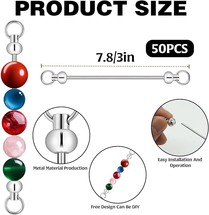 50pcs Beadable Keychains DIY Set, Metal Sliver Blank Keychains Bars Charmful - Image 2
