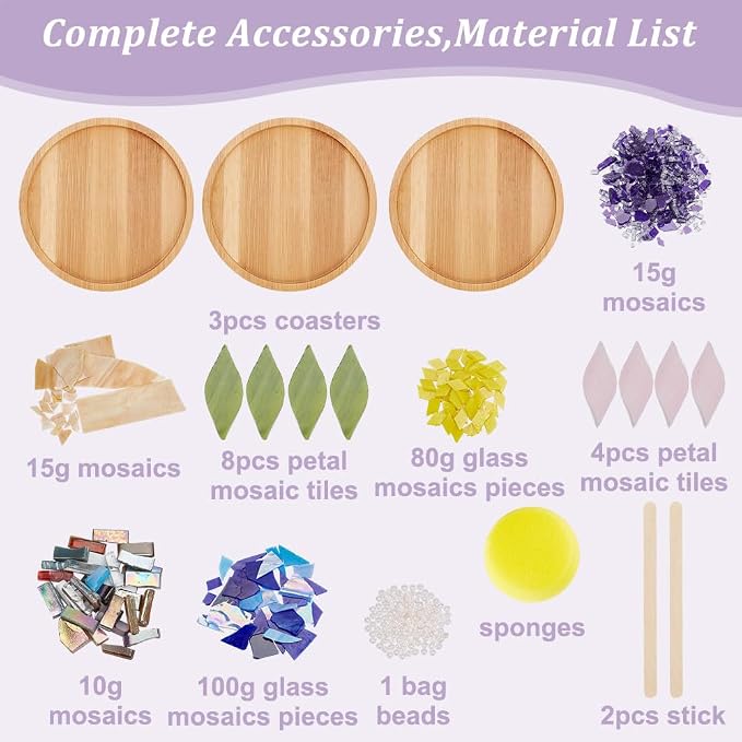 WEBEEDY DIY Mosaic Craft Kit 3 Sets Flower Mosaic Bamboo Coasters Kits - Image 2