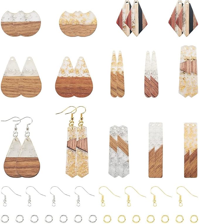 FASHEWELRY 24Pcs Gold Foil Resin Wood Earring Charms Teardrop Drop Rectangle - Image 7