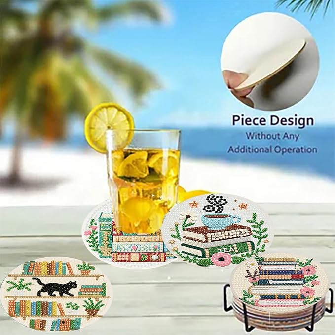 8 Pack Bookshelf Diamond Art Coasters, Diamond Painting Coasters Kits | Books - Image 4