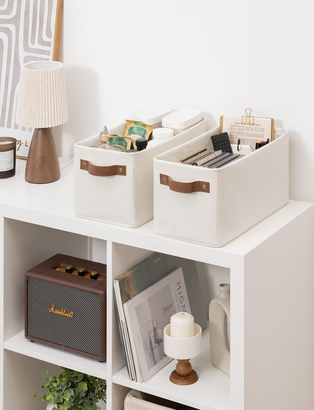 StorageWorks Narrow Storage Bins, Small Basket for Closet and Shelves, Rectangular Fabric Organizer with Handles, Toilet Paper Storage, Beige, 2-Pack