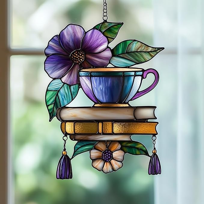 Hibiscus Tea Cup and Books Acrylic Suncatcher Stained Glass Effect Window Car by AVAGAN