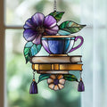 Hibiscus Tea Cup and Books Acrylic Suncatcher Stained Glass Effect Window Car by AVAGAN