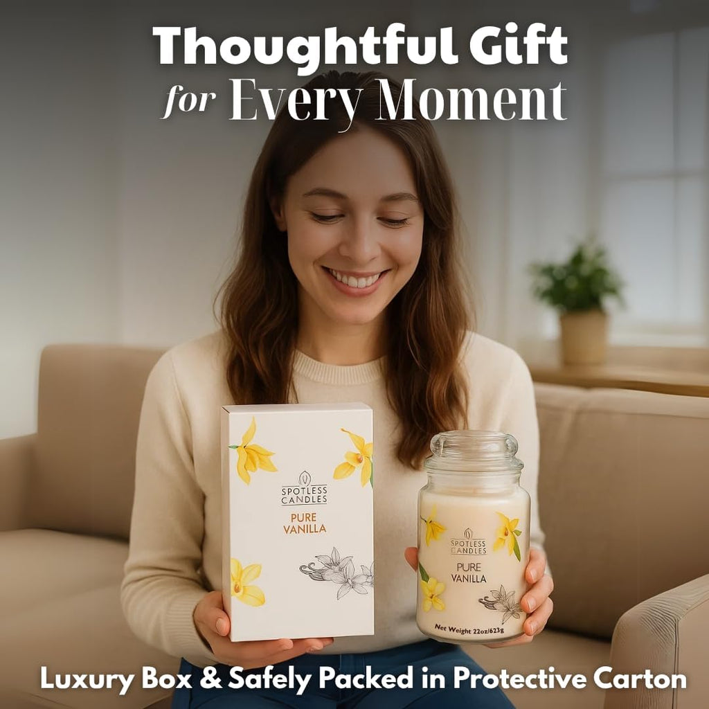Vanilla Candle 22oz 16" x 9" Reusable Jar Candle 130 Hours Long Burn Time with Wooden Wick in Presentation Gift Box & Protective Shipper Spotless Leopard