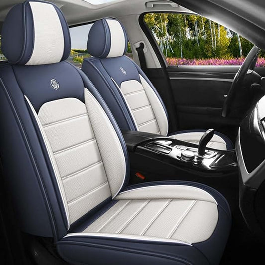 Leather Seat Cover for Ford Edge 2010-2026,Waterproof Soft Seat Covers,Interior Accessories Seat Covers Cushion Vehicle Protector Airbag Compatible(Blue&White,Full Set)