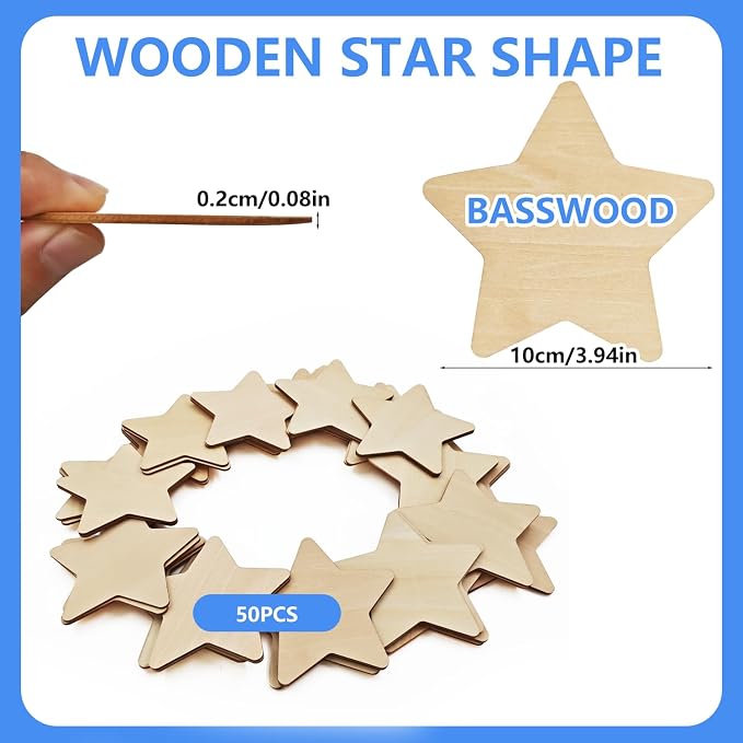50PCS Wooden Star, Made of Basswood, 4 Inch Unprocessed Wood Pieces, Natural - Image 2