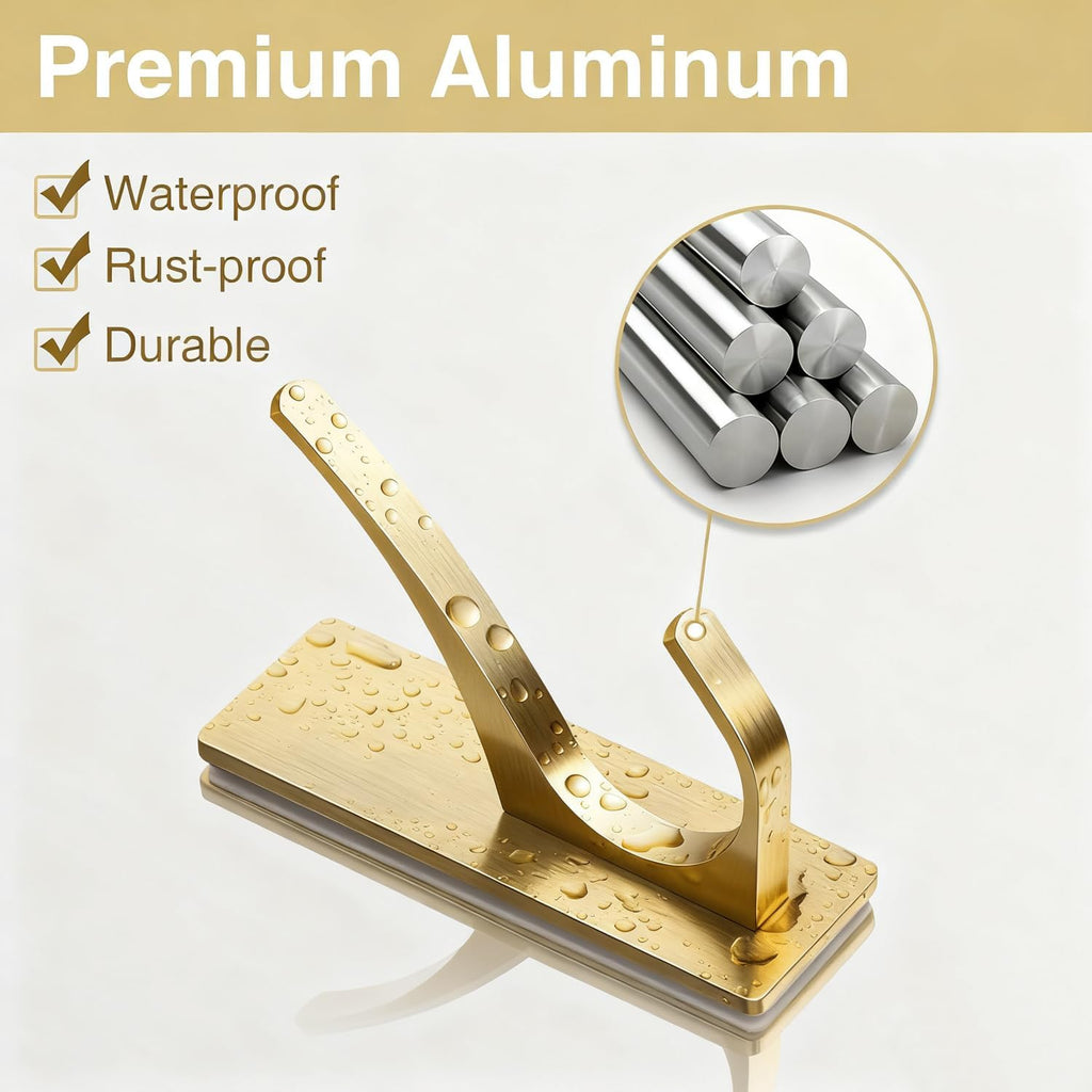 pickpiff Self Adhesive Coat Hooks for Hanging, Heavy Duty Stainless Double Wall Hook for Towel, Backpack, Hat, Sturdy Metal Hanger for Bathroom, Bedroom, Door, Wall Mounted, 4-Pack, Brushed Gold