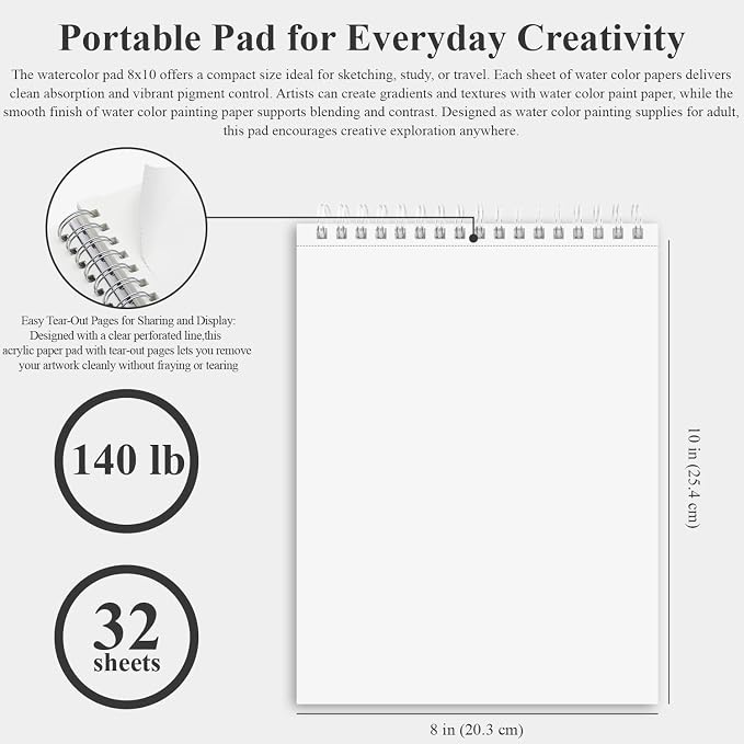 Fuxi 8x10 Watercolor Paper, 140lb Cold Press Watercolor Spiral Notebook - Image 2
