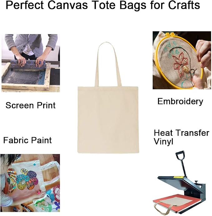 FunisFun 12 Pack Blank Canvas Tote Bags, Reusable Grocery Bag - Image 2