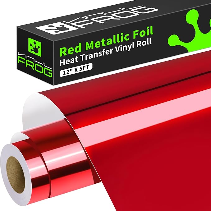 VINYL FROG Red Metallic Foil Heat Transfer Vinyl 12" x5ft Red HTV Vinyl Roll by VINYLFROG