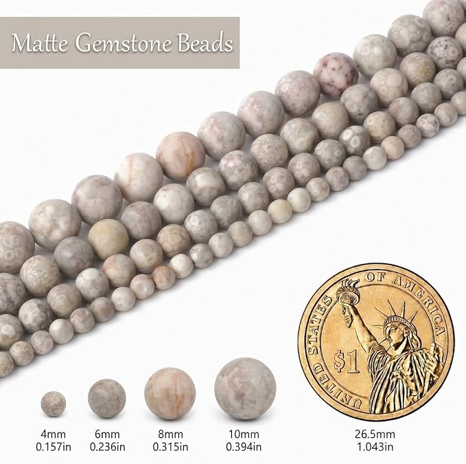 10mm Matte Flowery Cowry Fossil Bead, 15-Inch Matte Round Loose Stone Beads - Image 3