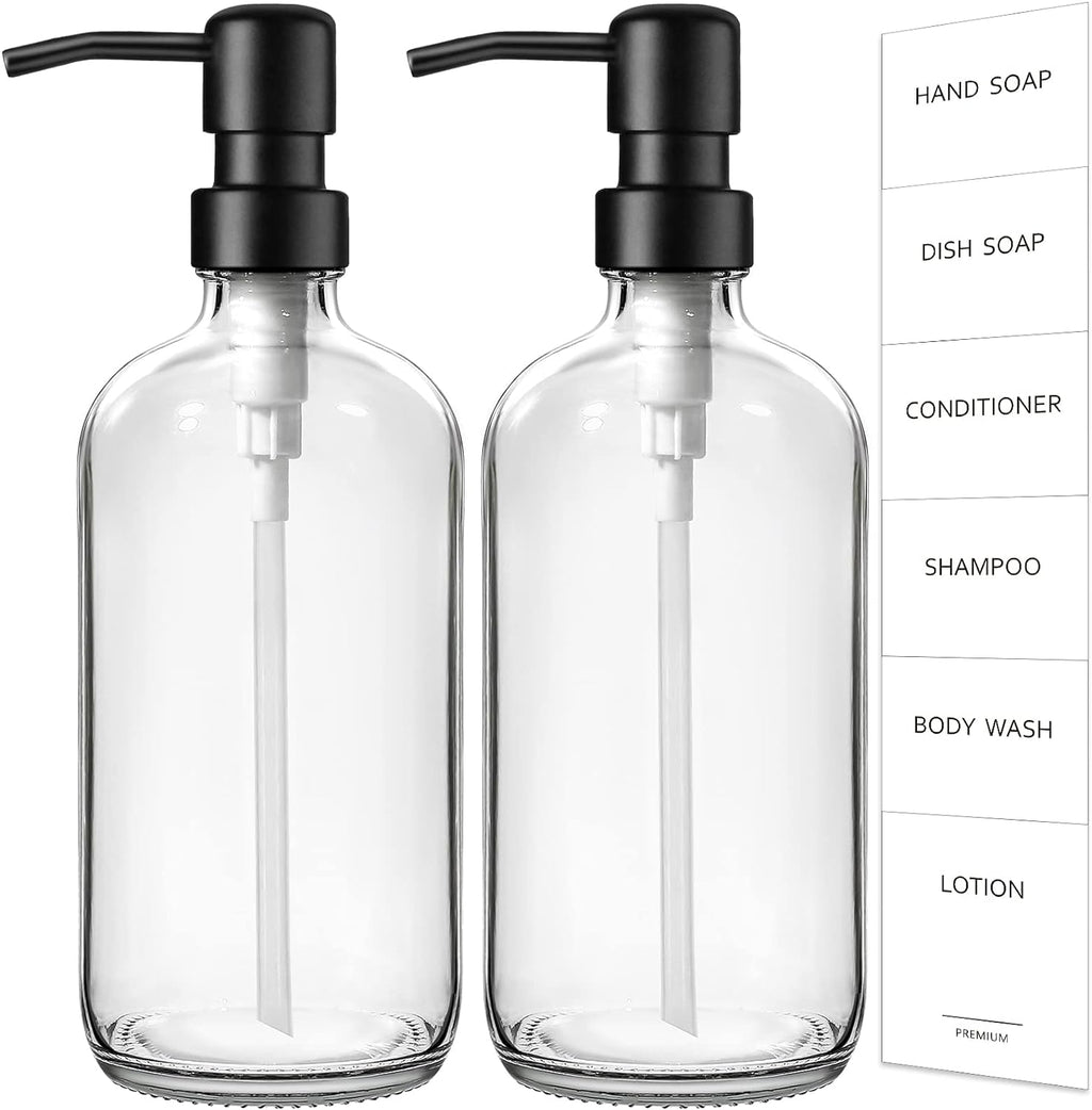 GMISUN Glass Soap Dispenser with Pump, 2 Pack Clear Bathroom Hand Soap Dispenser with Stainless Steel Pump, 16 Oz Refillable Kitchen Hand and Dish Soap Dispensers Set, Modern Liquid Pump Bottles