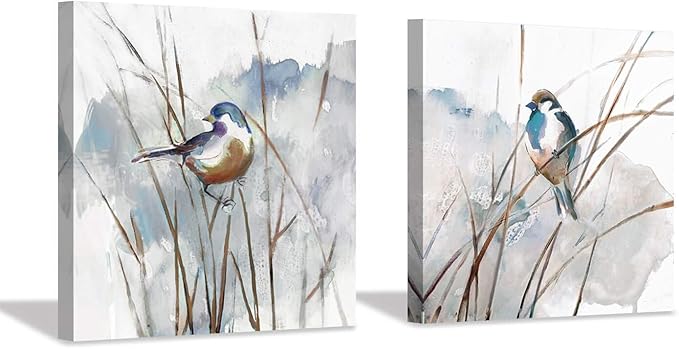 Abstract Bird Picture Wall Art: Animal Birds on Reed Artwork Painting on Canvas by HardyGallery