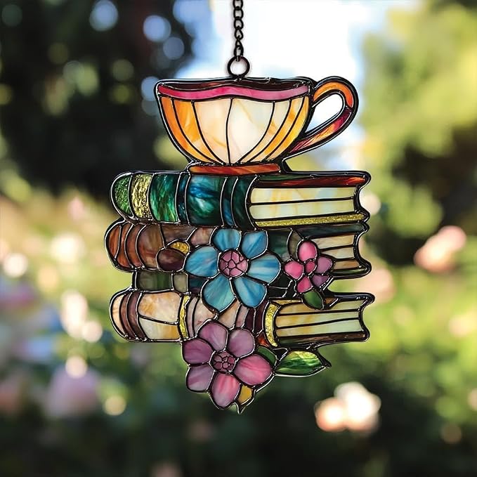 Flower Books Tea Acrylic Suncatcher Window Hanging Bookish Book Lover - Image 3