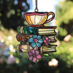 Flower Books Tea Acrylic Suncatcher Window Hanging Bookish Book Lover - Image 3