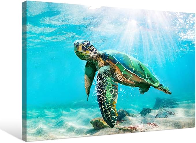 JAPO ART Green Sea Turtle Wall Art Submarine Picture Blue Ocean Animal Painting - Image 2