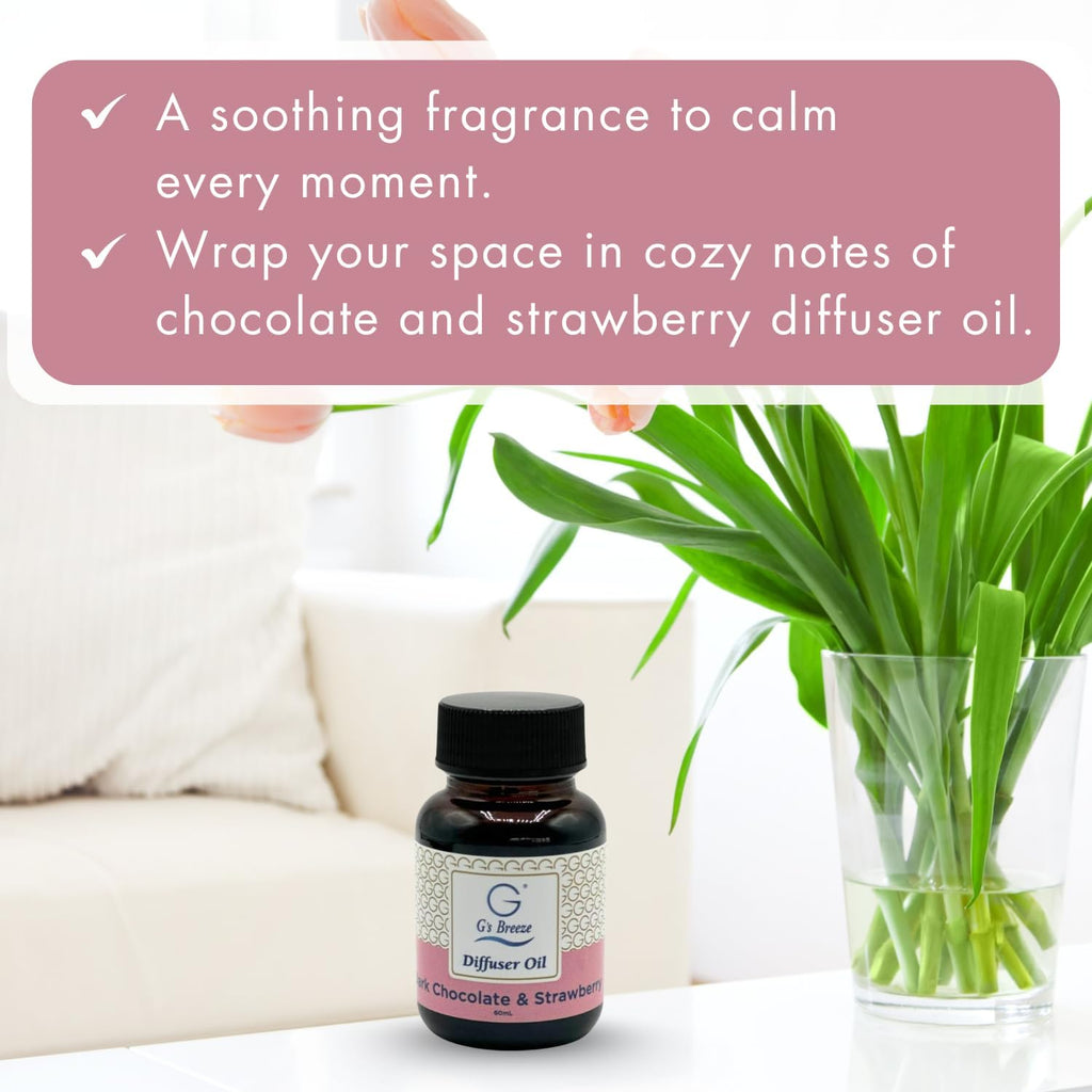 G's Breeze Dark Chocolate & Strawberry Diffuser Oil Refill - Gentle Fragrance & Soothing Aroma of Velvety Dark Chocolate with Juicy Strawberry - Long-Lasting - Ideal for Home, or Office - 60 ML