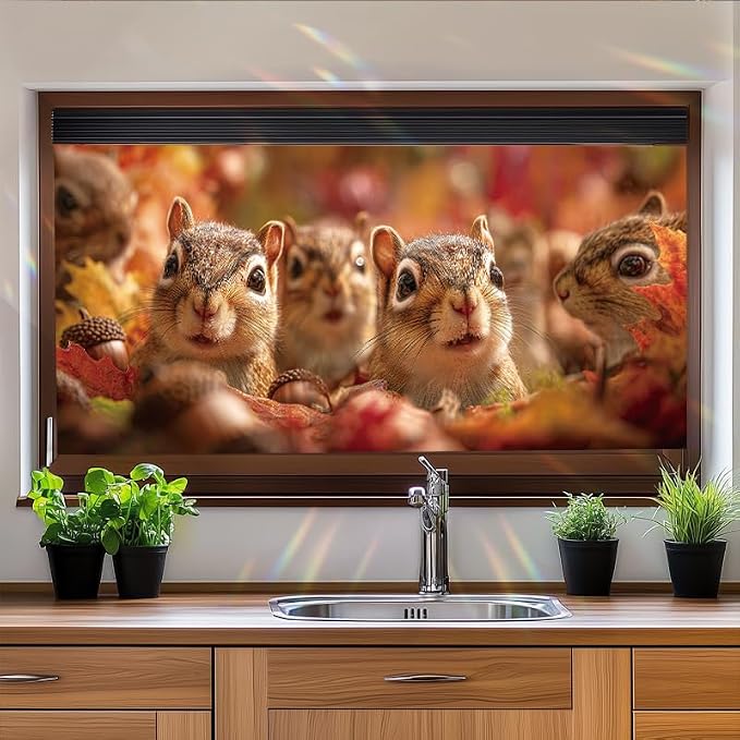 Autumn Squirrel Window Film 17.7 x 39.3 Inch Static Cling Fall Leaves Acorns - Image 7