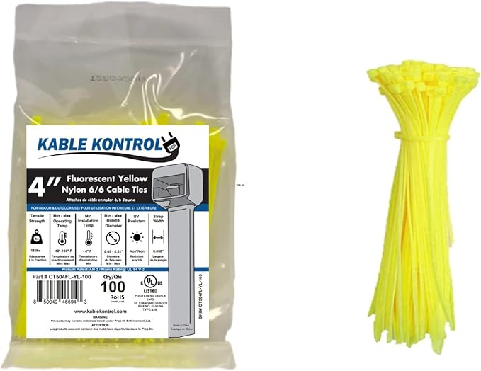 Kable Kontrol Fluorescent Yellow Zip Ties 4 Inch 100 Pcs, 18 Lbs Tensile by KABLEKONTROL%C2%AE