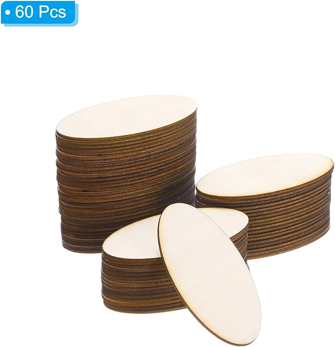 PATIKIL 60x30x1.7mm Wood Pieces, 60 Pack Unfinished Oval Wood Shapes Blank - Image 3