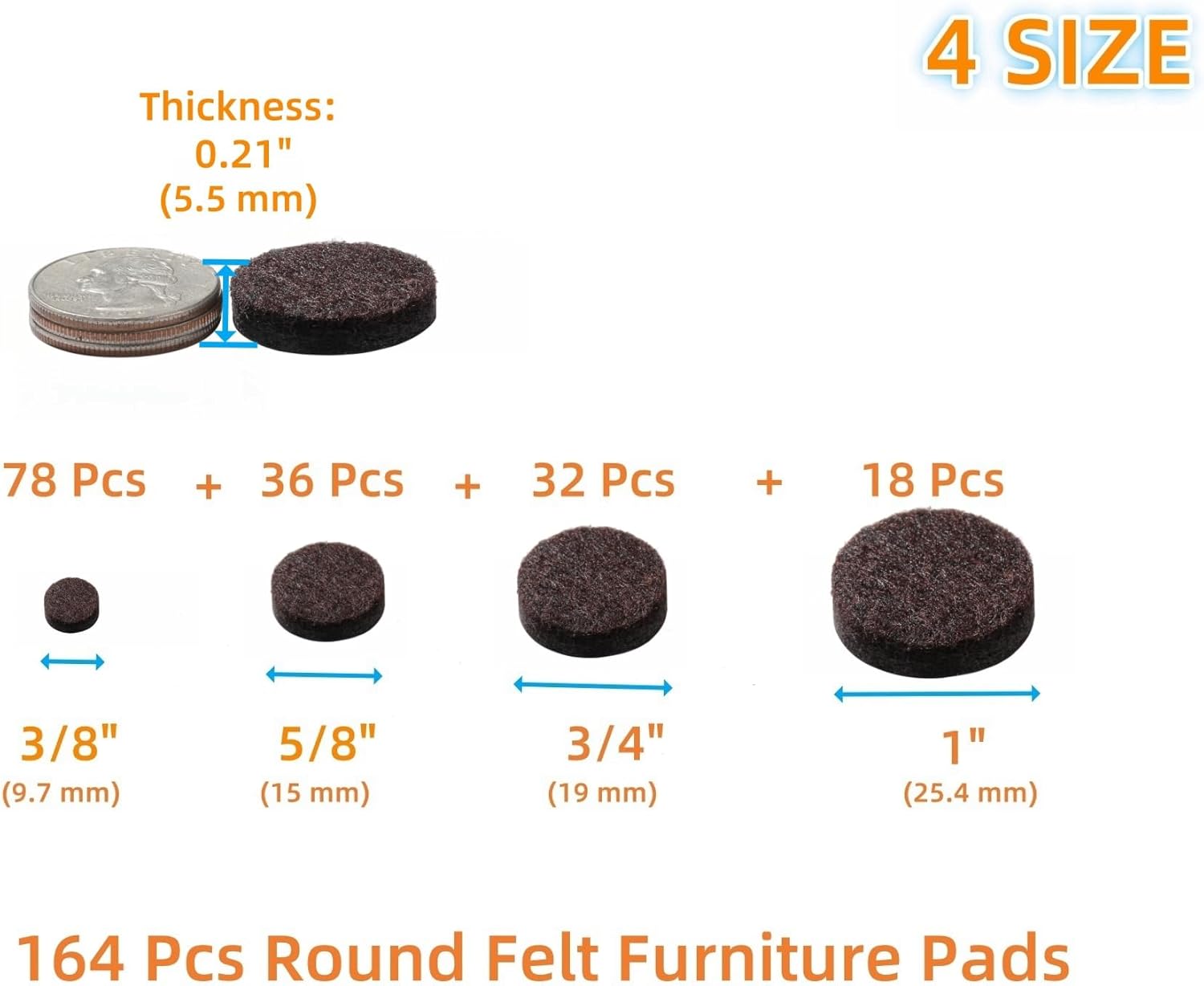Felt Furniture Pads for Hardwood Floors 164 Piece, Furnigear Anti Scratches Felt Pads for Round Chair Feet Self Adhesive Chair Felt Pads Sliders Moving Your Furniture Smoothly, Brown