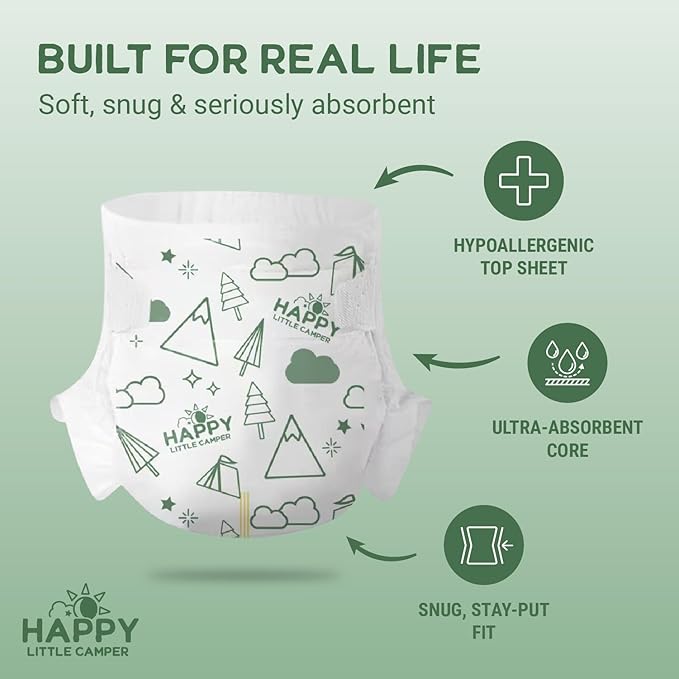 Happy Little Camper Super Saver Diapers, Size 5, 25 Count | Budget-Friendly Disposable Diapers for Sensitive Skin | Hypoallergenic, Fragrance-Free, Ultra Absorbent