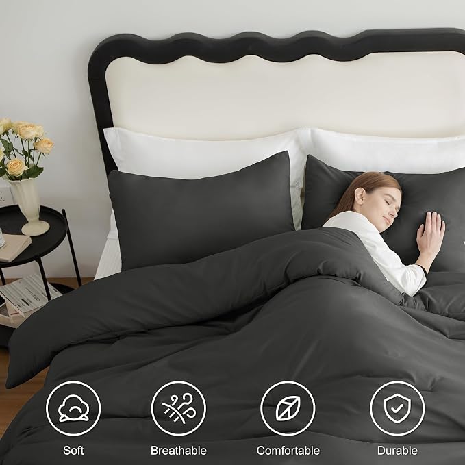 CozyLux Oversized Queen Comforter Set Dark Grey, 3 Pieces 98x98 Solid - Image 5