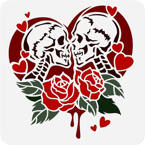 1 Piece Skeleton Lover Rose Craft Art Stencil, 11.8"x11.8" Skull Couple Plastic by Doodlream