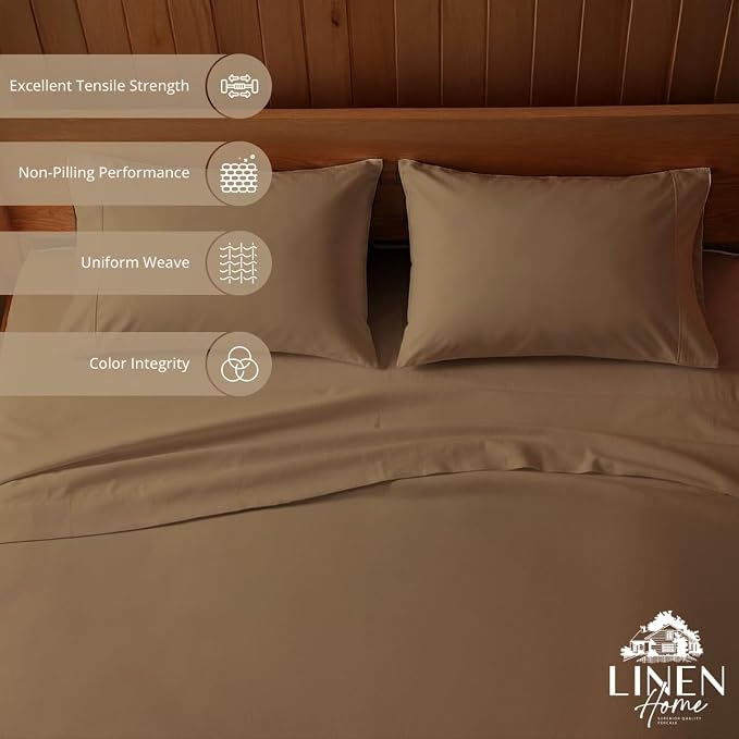 Linen Home 100% Cotton Percale Sheets Twin Size, Earthy Brown, Deep Pocket - Image 2